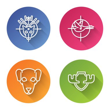 Av hattını hedefli geyiklere, ördekleri hedefli hedeflere, av köpekleri ve geyik boynuzlarını kalkanlara ayarla. Renkli daire düğmesi. Vektör