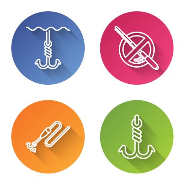 Balık oltasını suyun altına koyun, olta yok, olta ve olta ve olta ile olta atın. Renkli daire düğmesi. Vektör