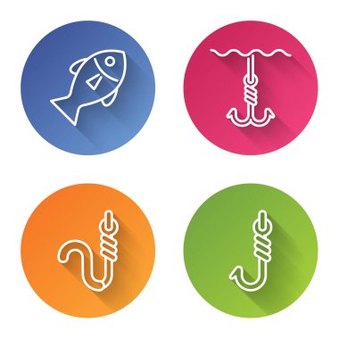 Balık oltası, balık oltası, balık oltası, solucan ve balık oltası. Renkli daire düğmesi. Vektör