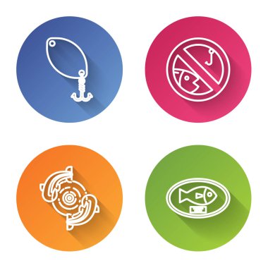 Olta kaşık, balık tutmak yok, balık ve balık kupası tahtada asılı. Renkli daire düğmesi. Vektör