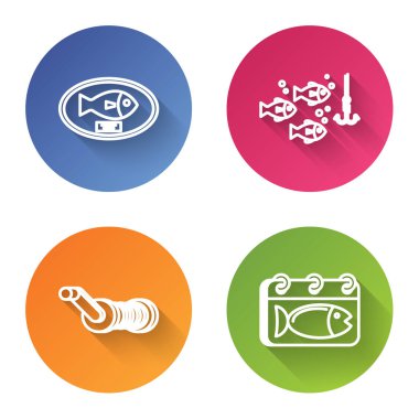 Tahtaya olta iğnesi, balıkla balık oltası, balık tutmak için makarayı çevirme ve balıkla takvim. Renkli daire düğmesi. Vektör