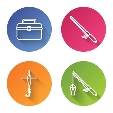 Halat kılıfı ya da kutu konteynırı, sallanan aletler, olta, olta, olta, olta, olta, olta ve balık için ayarlayın. Renkli daire düğmesi. Vektör