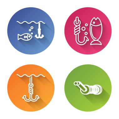 Balık oltası, balık oltası, balık oltası, balık oltası ve balık tutmak için makarayı suyun altına yerleştirin. Renkli daire düğmesi. Vektör