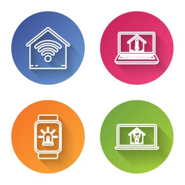 Hat Smart 'ı wi-fi ile, laptop' ı ev sıcaklığında akıllı saat akıllı ev ve alarm ve dizüstü bilgisayar akıllı ev ve ampullü ayarla. Renkli daire düğmesi. Vektör