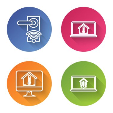 Dijital kapı kilidini açmak için kablosuz teknolojiyle, ev sıcaklığında dizüstü bilgisayarla, ev sıcaklığında bilgisayar monitörüyle ve akıllı evli dizüstü bilgisayarla ayarla. Renkli daire düğmesi. Vektör