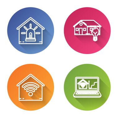 Akıllı ev ve alarm, akıllı ev ve ampul, kablosuz internetli akıllı ev ve kablosuz bilgisayarlı akıllı ev. Renkli daire düğmesi. Vektör