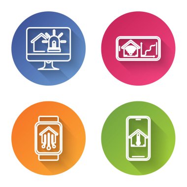 Bilgisayar monitörünü akıllı ev ve alarm, cep telefonunu kablosuz ağ ile akıllı ev akıllı saat ve cep telefonunu ev sıcaklığında ayarla. Renkli daire düğmesi. Vektör