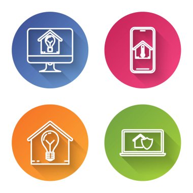 Akıllı ev ve ampulle bilgisayar monitörünü, ev sıcaklığında cep telefonunu akıllı ev ve ampulü ve korunan ev bilgisayarlı dizüstü bilgisayarı ayarla. Renkli daire düğmesi. Vektör