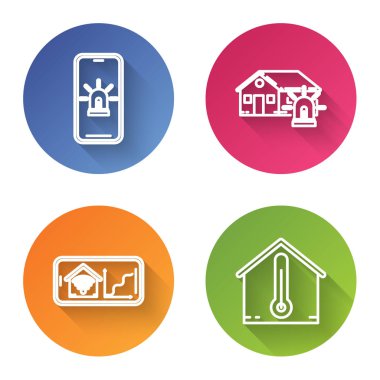Akıllı ev ve alarm, akıllı ev ve alarm, akıllı ev ve cep telefonu, kablosuz internet ve ev sıcaklığında akıllı ev. Renkli daire düğmesi. Vektör