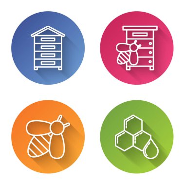 Arılar için Kovan 'ı, arılar için Kovan' ı, Arı ve Bal Tarağı 'nı ayarla. Renkli daire düğmesi. Vektör