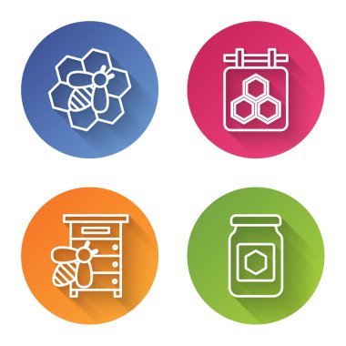 Arı ve bal peteği hattı, bal peteğiyle asılma işareti, arılar için kovan ve bal kavanozu. Renkli daire düğmesi. Vektör