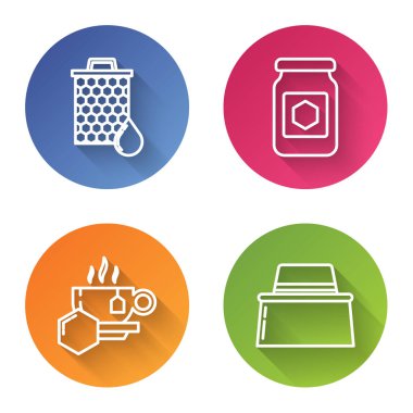 Bal peteği, bal kavanozu, ballı çay ve koruyucu şapkalı arıcı. Renkli daire düğmesi. Vektör