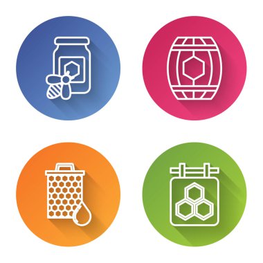 Arı ile bal kavanozu, bal ile ahşap fıçı, bal peteği ve bal peteği ile asılma işareti. Renkli daire düğmesi. Vektör