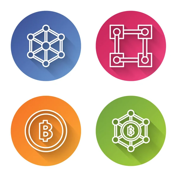 Hat engelleme teknolojisi, engelleme zinciri teknolojisi, kripto para Bitcoin ve Blockchain teknolojisi Bitcoin. Renkli daire düğmesi. Vektör