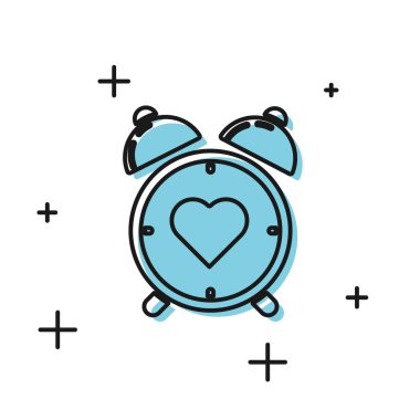 Merkezdeki siyah kalp alarm saati simgesi beyaz arkaplanda izole edildi. Sevgililer Günü. Vektör İllüstrasyonu