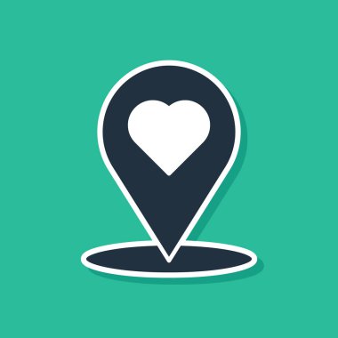 Yeşil arka planda izole edilmiş kalp simgesine sahip Mavi Harita işaretçisi. Sevgililer günü. Aşk yeri. Romantik harita iğnesi. Vektör İllüstrasyonu