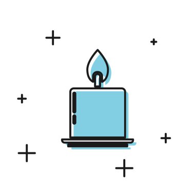 Beyaz arkaplanda izole edilmiş şamdan ikonunda siyah yanan mum. Silindirik mum çubuğu ve yanan ateş. Vektör İllüstrasyonu