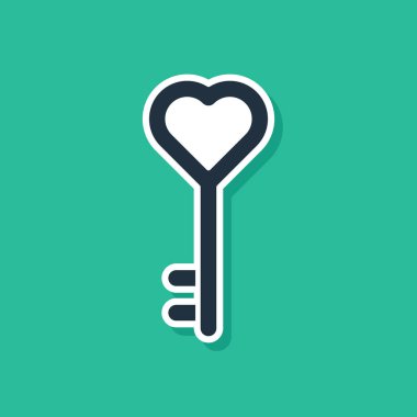 Mavi Anahtar yeşil arkaplanda izole edilmiş kalp şeklindeki simge. Sevgililer Günü. Vektör İllüstrasyonu