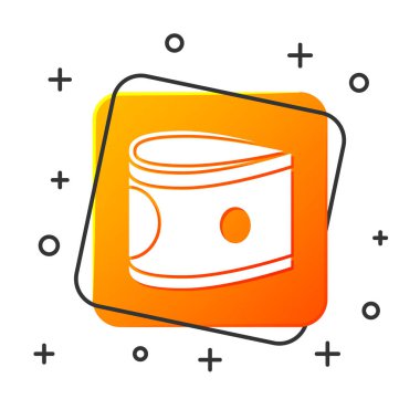 Beyaz yığınları kağıt para nakit simgesi beyaz arka planda izole. Para banknotlar yığınları. Fatura para birimi. Turuncu kare düğmesi. Vektör Illustration