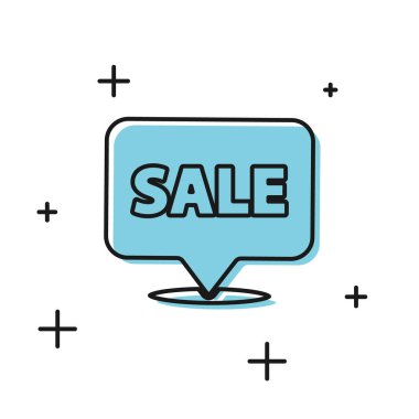 Beyaz arkaplanda izole edilmiş metin satışı simgesi olan siyah asma işareti. Mesaj indirimli tabela. Vektör İllüstrasyonu