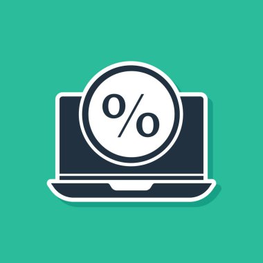 Mavi yüzde indirimi ve yeşil arkaplanda izole edilmiş dizüstü bilgisayar simgesi. Satış yüzdesi - fiyat etiketi, etiket. Vektör İllüstrasyonu