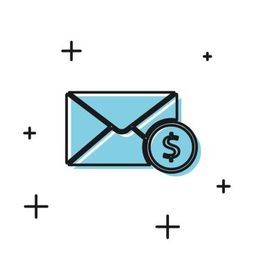 Beyaz arka planda izole sikke dolar sembolü simgesi ile Siyah Zarf. Maaş artışı, maaş bordrosu, tazminat geliri. Vektör İllüstrasyonu