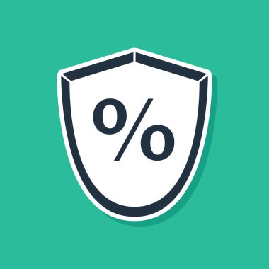 Mavi Kredinin yüzde ikonu yeşil arka planda izole edildi. Koruma kalkanı işareti. Kredi yüzdesi sembolü. Vektör İllüstrasyonu