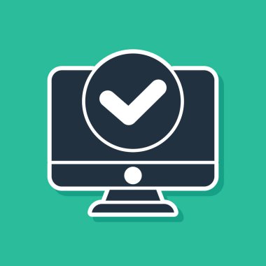 Mavi bilgisayar monitör ekran simgesi yeşil arka planda izole. Elektronik cihaz. Ön görünüm. Vektör Illustration