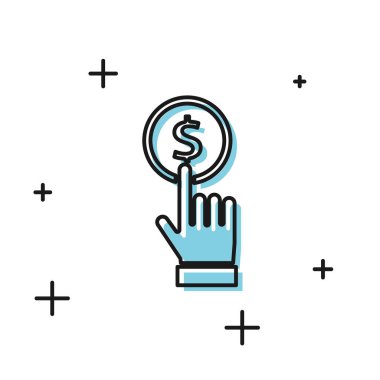 Siyah El, beyaz arka planda izole edilmiş madeni para simgesini tutuyor. Dolar ya da Usd sembolü. Nakit bankacılık tabelası. Vektör İllüstrasyonu