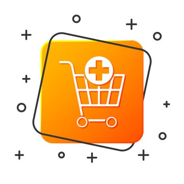 Beyaz arka planda yalıtılmış alışveriş sepeti simgesine ekleyin. Online satın alma kavramı. Teslimat hizmeti işareti. Süpermarket sepeti sembolü. Turuncu kare düğmesi. Vektör Illustration