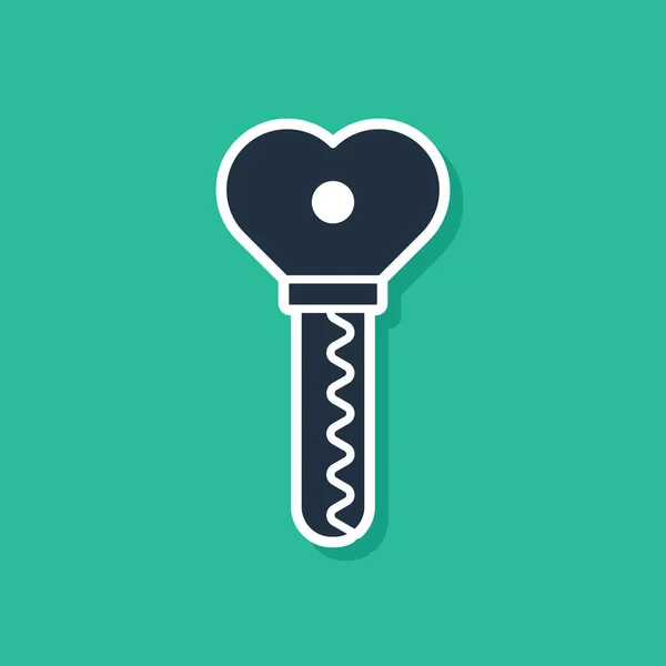Blue Key i hjärtform ikon isolerad på grön bakgrund. Alla hjärtans dag. Vektor Illustration — Stock vektor