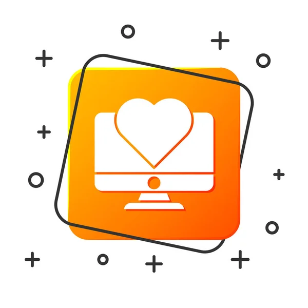 Biały monitor komputerowy z ikoną serca na białym tle. Walentynki. Pomarańczowy przycisk. Ilustracja wektora — Wektor stockowy