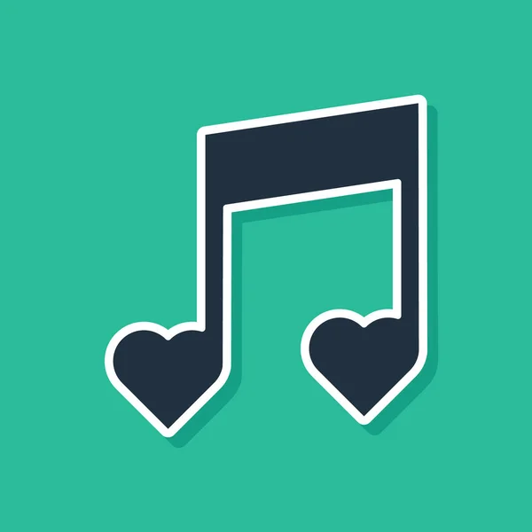 Blue Music nota, tono con l'icona cuori isolato su sfondo verde. San Valentino. Illustrazione vettoriale — Vettoriale Stock