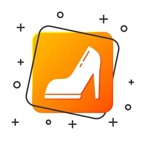 Zapato de mujer blanca con icono de tacón alto aislado sobre fondo blanco. Botón cuadrado naranja. Ilustración vectorial — Vector de stock