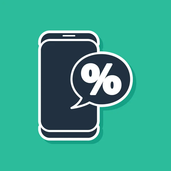 Μπλε έκπτωση σύμβολο τοις εκατό και το εικονίδιο του κινητού τηλεφώνου απομονώνονται σε πράσινο φόντο. Ποσοστό πώλησης - ετικέτα τιμής, ετικέτα. Εικονογράφηση διανύσματος — Διανυσματικό Αρχείο
