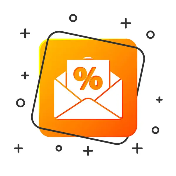 Witte Envelop met een rente korting van de winkel pictogram geïsoleerd op witte achtergrond. Oranje vierkante knop. Vector Illustratie — Stockvector