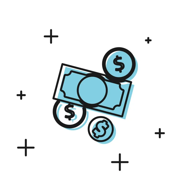 Черные стопки бумажные деньги и монеты деньги с символом доллара изолированы на белом фоне. Пачки денежных купюр. Векторная миграция — стоковый вектор