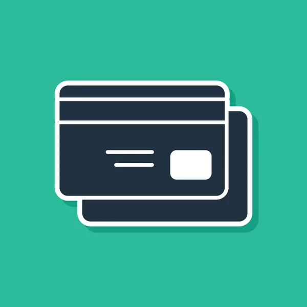 Ikona modré kreditní karty je izolovaná na zeleném pozadí. Platba online. Výdejní hotovost. Finanční operace. Obchodní značka. Vektorová ilustrace — Stockový vektor