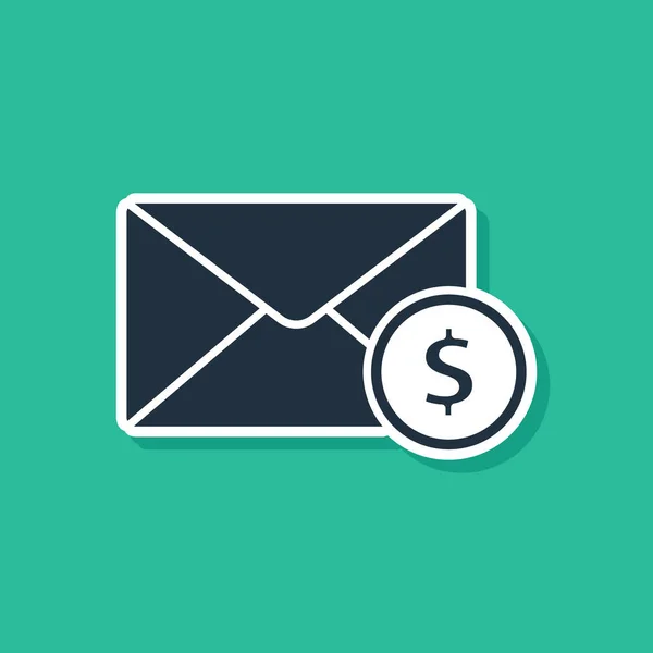 Enveloppe bleue avec icône symbole dollar pièce isolé sur fond vert. Augmentation de salaire, masse salariale, revenus d'indemnisation. Illustration vectorielle — Image vectorielle