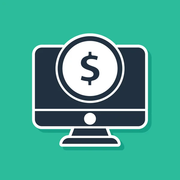Monitor de ordenador azul con icono de símbolo de dólar aislado sobre fondo verde. Concepto de compras online. Ganancias en Internet, marketing. Ilustración vectorial — Vector de stock