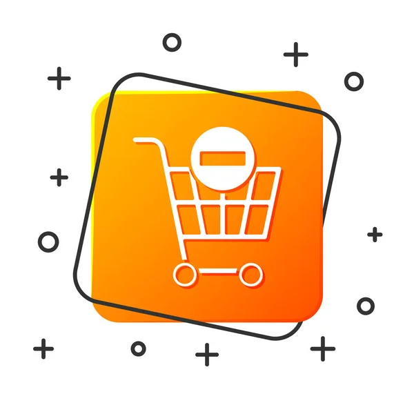 Blanco Eliminar icono del carrito de compras aislado sobre fondo blanco. Concepto de compra en línea. Servicio de entrega. Cesta de supermercado y marca X. Botón cuadrado naranja. Ilustración vectorial — Archivo Imágenes Vectoriales