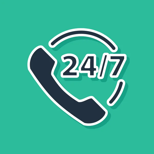Niebieski telefon 24 godziny wsparcia ikony izolowane na zielonym tle. Całodniowy call-center obsługi klienta. Pełny etat. Ilustracja wektora — Wektor stockowy