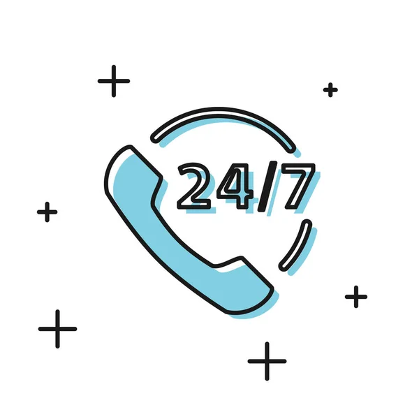 Czarny telefon 24 godziny ikona wsparcia na białym tle. Całodzienna obsługa klienta Call-Center. Usługi pełnego czasu rozmów. Ilustracja wektorowa — Wektor stockowy