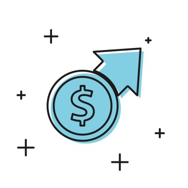 Siyah Finansal büyüme ve madeni para ikonu beyaz arka planda izole edilmiş. Gelirleri arttırıyorum. Vektör İllüstrasyonu