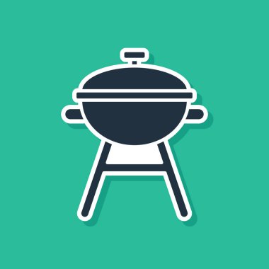 Mavi ızgara ikonu yeşil arka planda izole edildi. Barbekü ızgara partisi. Vektör İllüstrasyonu