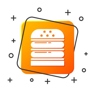 Beyaz Burger simgesi beyaz arka planda izole. Hamburger simgesi. Cheeseburger sandviç işareti. Fast Food menüsü. Turuncu kare düğmesi. Vektör Illustration