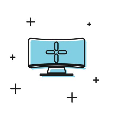 Siyah Bilgisayar monitörü simgesi beyaz arkaplanda izole edildi. Bilgisayar bileşeni işareti. Vektör İllüstrasyonu