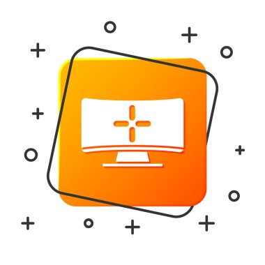 Beyaz Bilgisayar monitörü simgesi beyaz arkaplanda izole edildi. Bilgisayar bileşeni işareti. Turuncu kare düğme. Vektör İllüstrasyonu