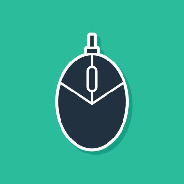 Mavi Bilgisayar faresi oyun simgesi yeşil arkaplanda izole edildi. Tekerlek sembollü optik. Vektör İllüstrasyonu