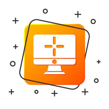 Beyaz Bilgisayar monitörü simgesi beyaz arkaplanda izole edildi. Bilgisayar bileşeni işareti. Turuncu kare düğme. Vektör İllüstrasyonu